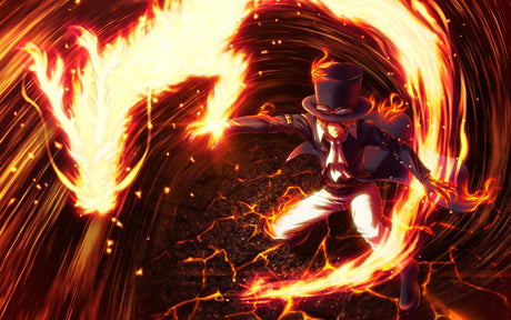 Design file showing detailed anime battle scene pattern with fire effects and character in formal attire