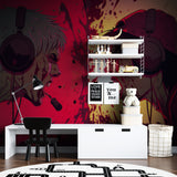 Anime gaming wallpaper creating an epic atmosphere in a modern gaming setup with LED lighting and multiple screens