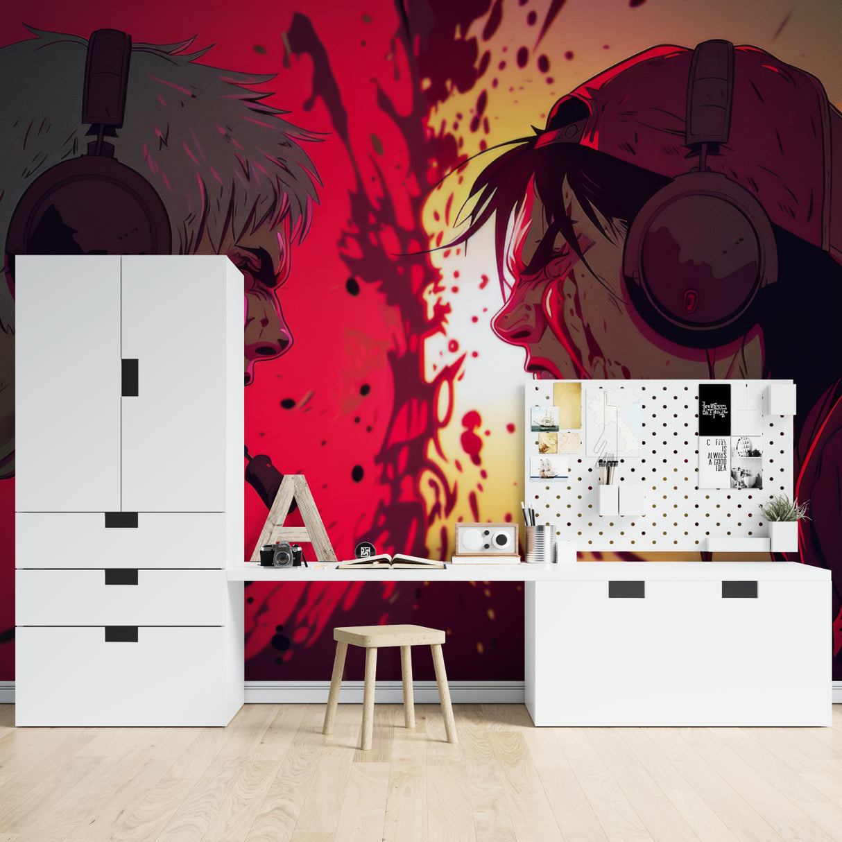 Teen bedroom featuring dramatic red and black anime wallpaper with gaming theme, perfect for streaming setup