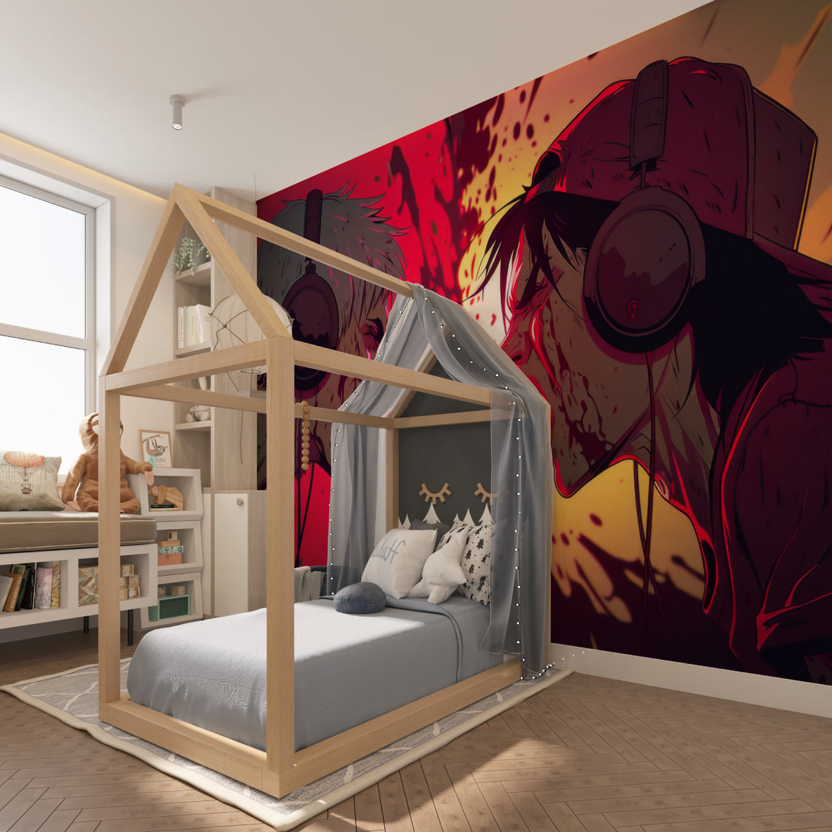 Gaming room with anime mural wallpaper showing stunning red and black design in evening lighting