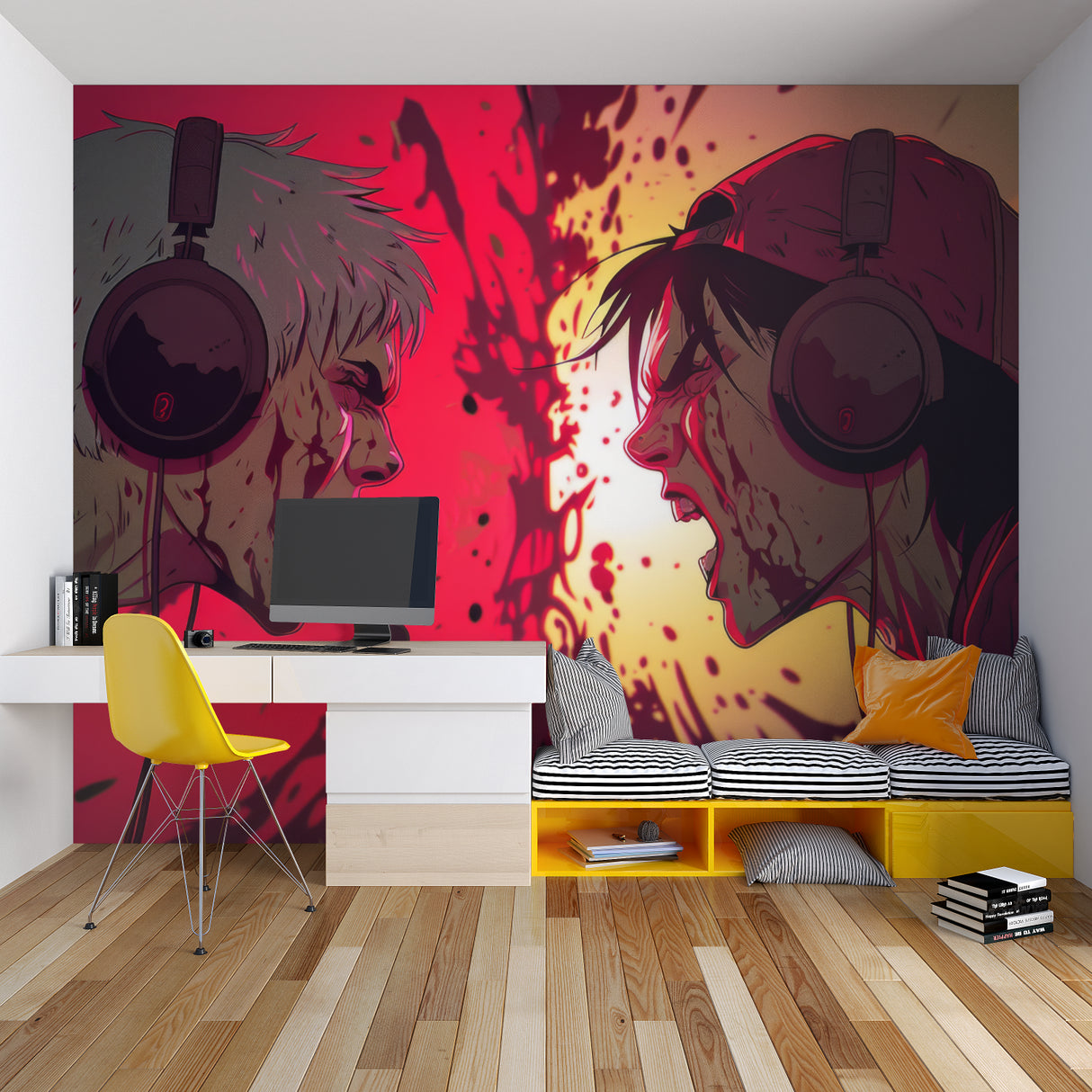 Entertainment room showcasing anime gaming wallpaper with dramatic lighting effects