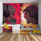 Entertainment room showcasing anime gaming wallpaper with dramatic lighting effects