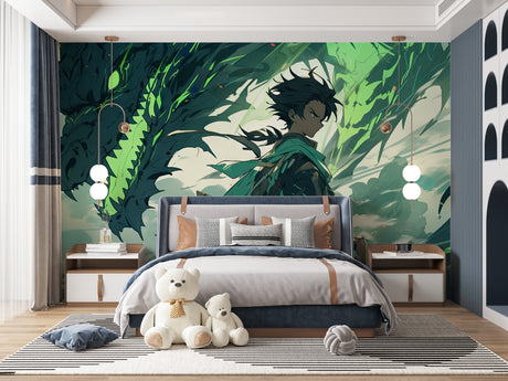 Green dragon anime wallpaper in modern gaming room setup with LED lighting and gaming desk