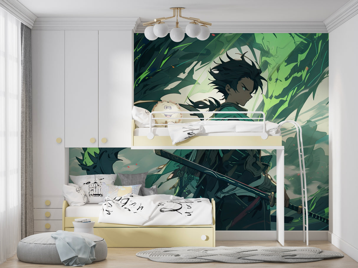 Anime dragon mural wallpaper showcased in teen bedroom with contemporary furniture