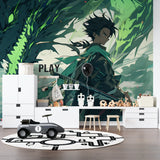 Fantasy anime mural displayed in urban apartment with modern gaming setup