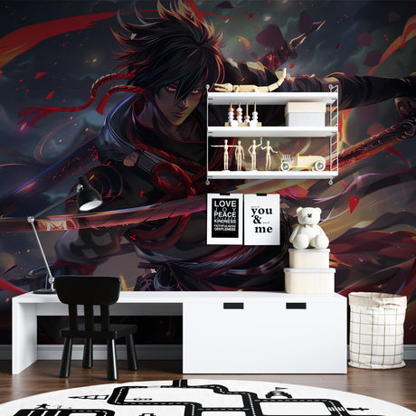 Anime battle scene wallpaper creating dramatic impact in modern gaming room with black and red tones
