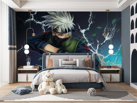 Anime ninja battle wallpaper in modern teen bedroom with LED lighting and gaming setup