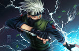 Dynamic ninja battle scene design file showing detailed artwork and electric blue lightning effects