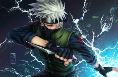 Dynamic ninja battle scene design file showing detailed artwork and electric blue lightning effects
