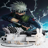 Dynamic anime wall mural in gaming room showing scale and dramatic lighting effects