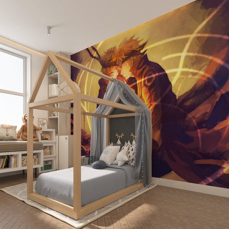 Anime battle mural wallpaper bringing excitement to a modern gaming room with orange accents and LED lighting