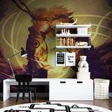 Dynamic anime wall mural creating energy in a teen bedroom with gaming setup and orange details