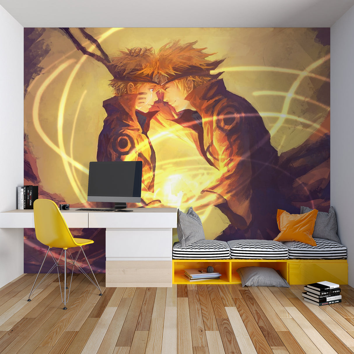 Japanese anime wallpaper transforming a home office with vibrant orange combat scene