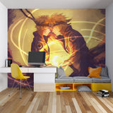 Japanese anime wallpaper transforming a home office with vibrant orange combat scene