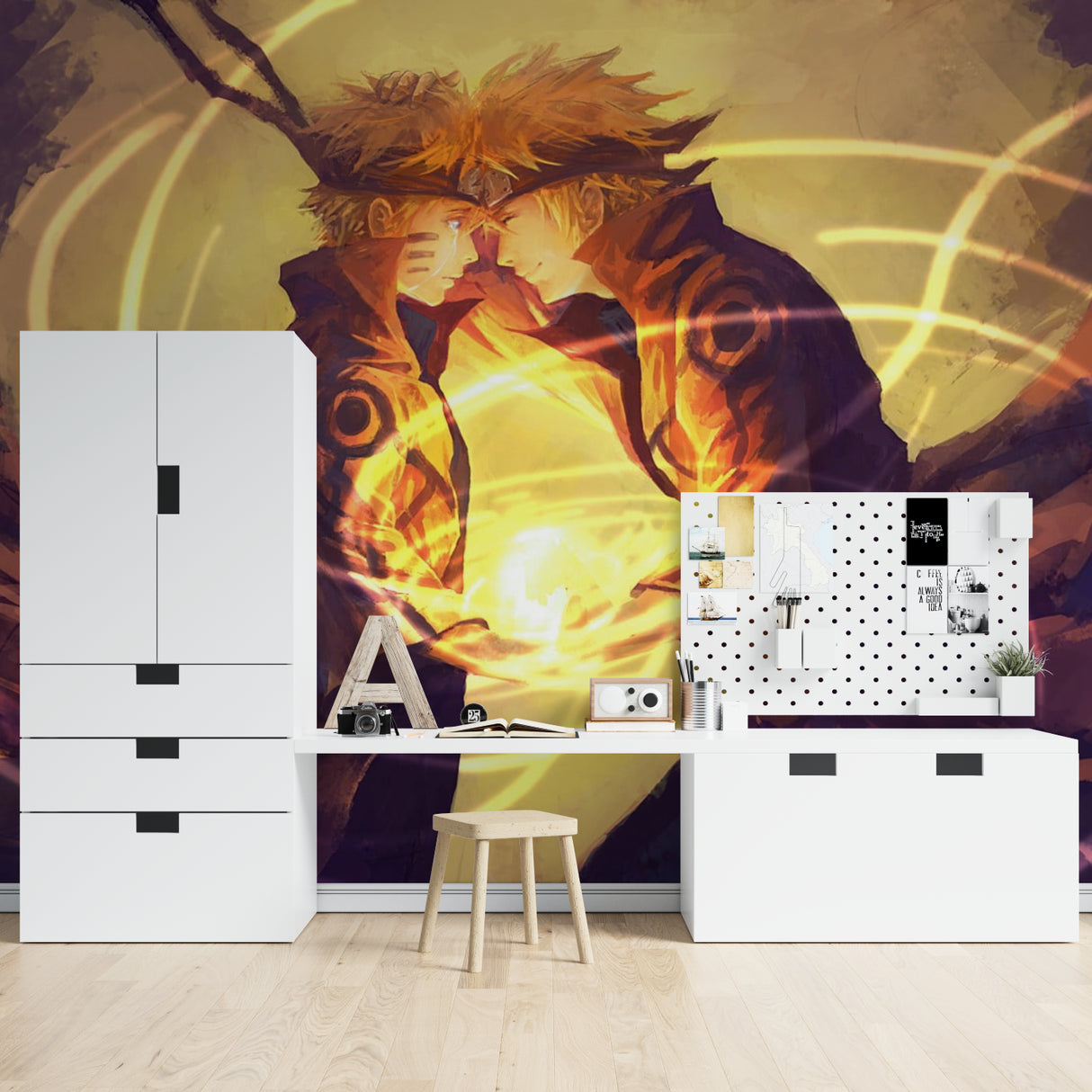 Anime mural wallpaper making a statement in a modern entertainment room with orange theme