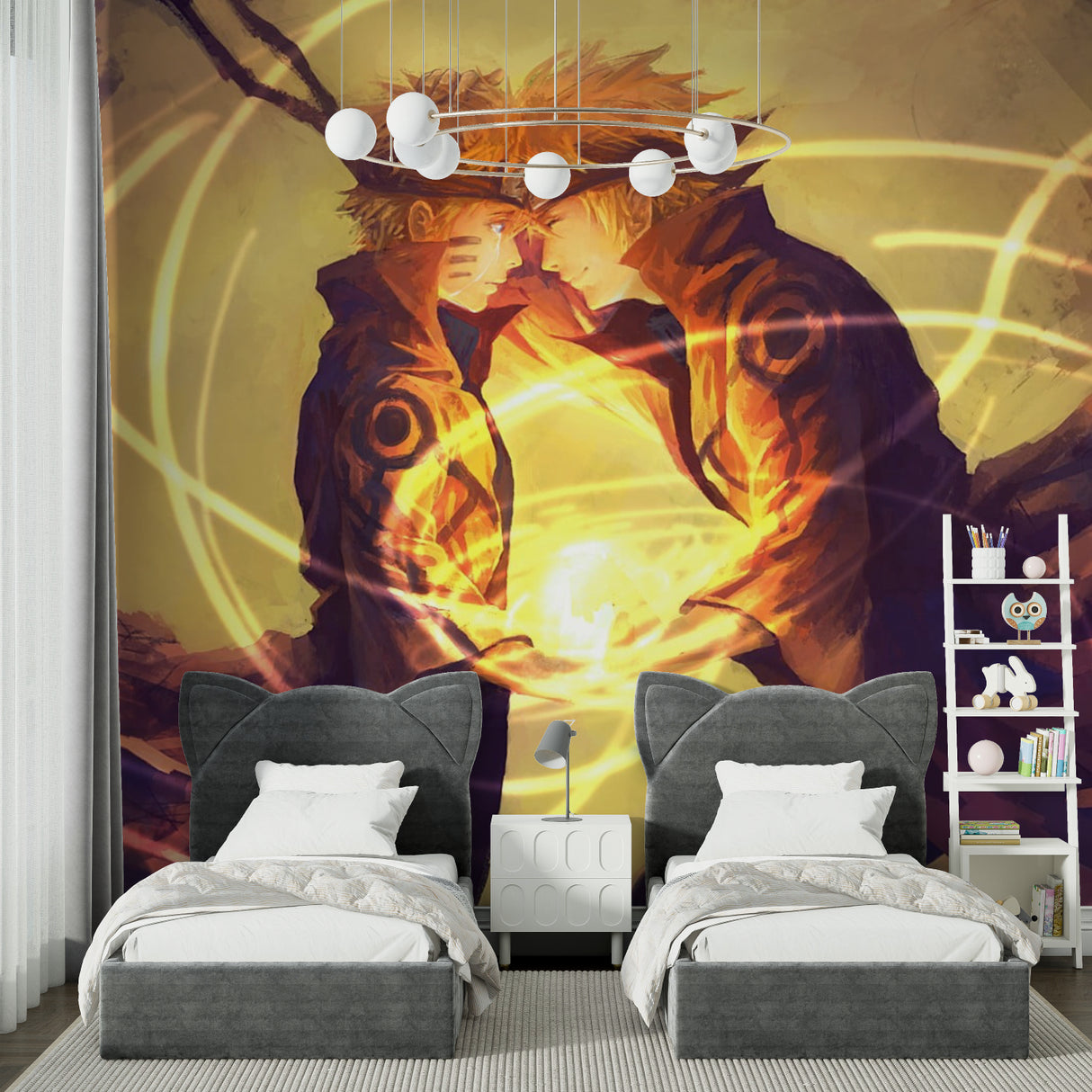Orange anime battle scene bringing warmth to a minimalist living room setup