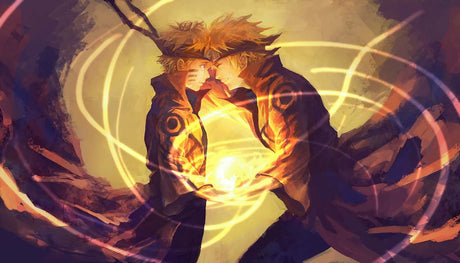 Design file showing detailed anime combat scene pattern with dynamic orange color palette