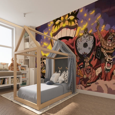 Anime wallpaper bringing bold purple and yellow energy to a modern gaming room setup