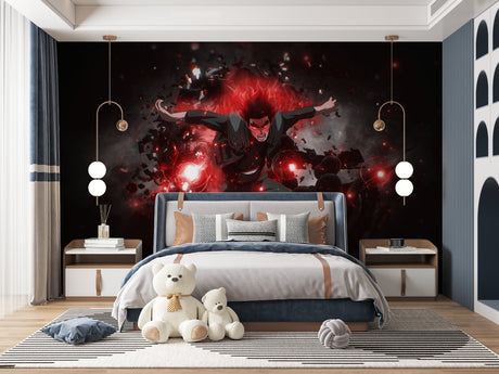 Anime battle wallpaper bringing energy to a modern gaming room with red and black dynamic design