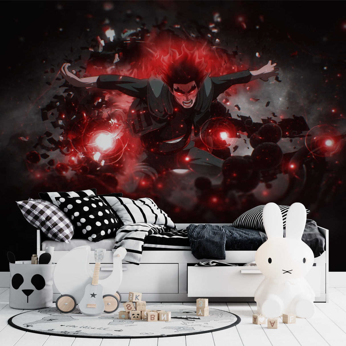 Teen bedroom showcasing dramatic anime battle mural with striking red effects
