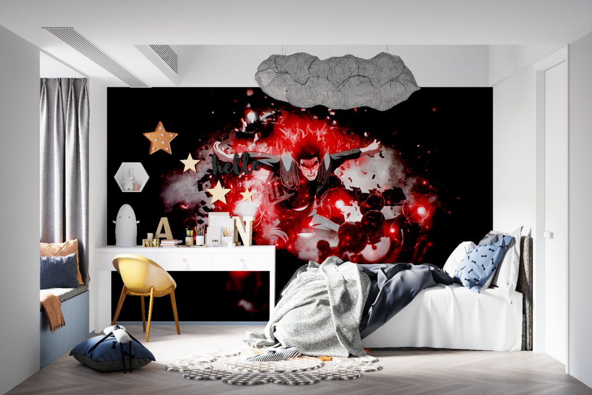 Action anime wallpaper displayed in a stylish entertainment room setup