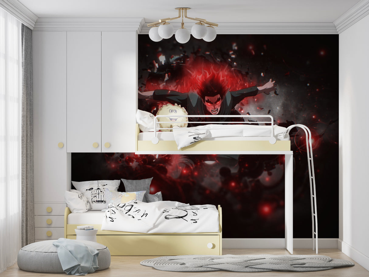 Gaming corner enhanced with dynamic anime battle scene wallpaper