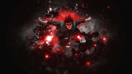 Design file showing detailed anime battle scene pattern with vibrant red energy effects on black background