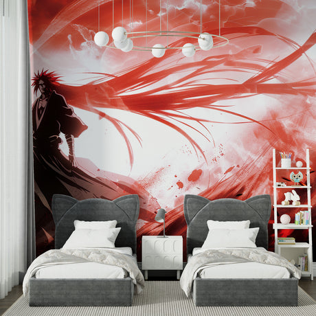 Red anime tornado wallpaper in modern gaming setup with LED lighting