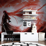 Teen bedroom featuring dynamic red anime wall mural with desk setup
