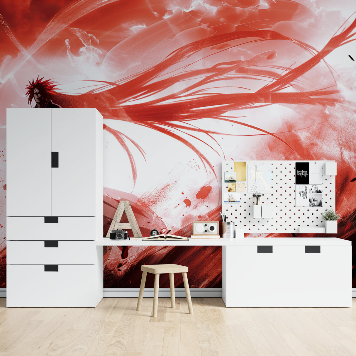 Red tornado anime wallpaper in minimalist living room setting