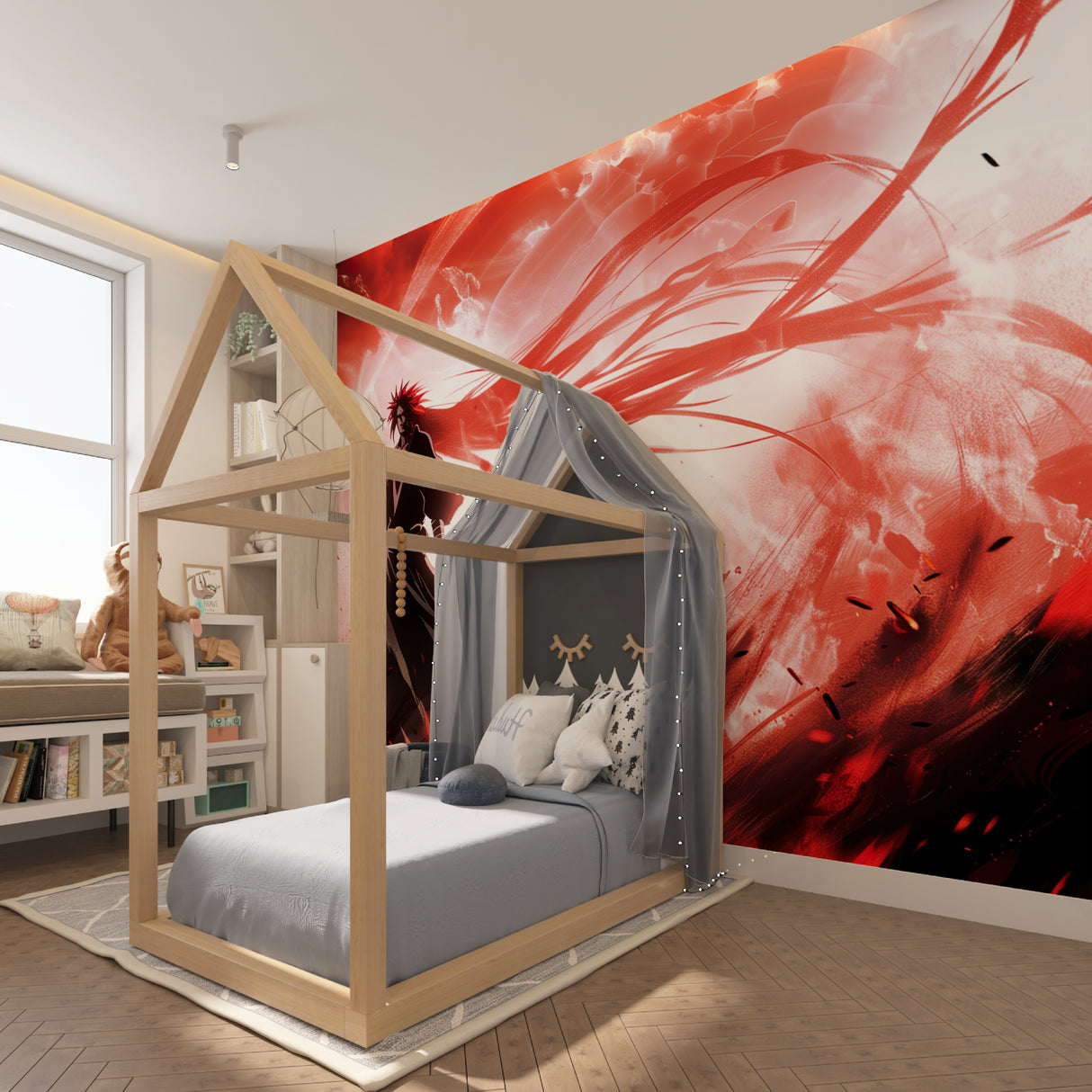 Anime wall mural showcased in contemporary home office space