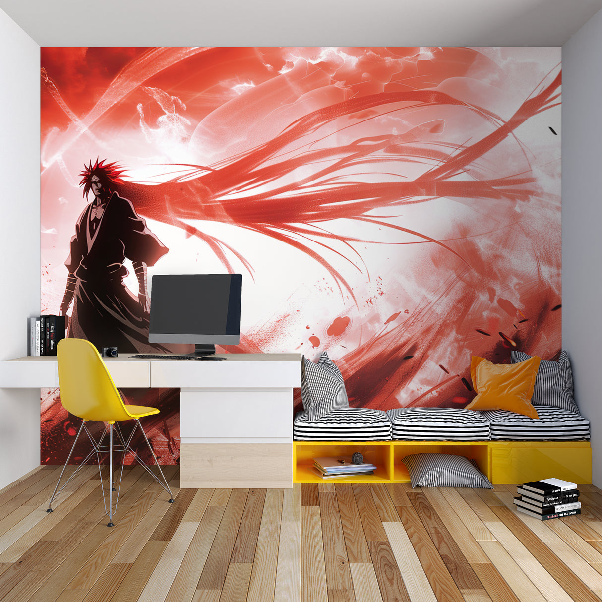 Red anime wallpaper creating dramatic effect in entertainment room