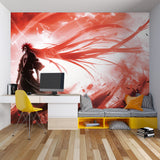 Red anime wallpaper creating dramatic effect in entertainment room