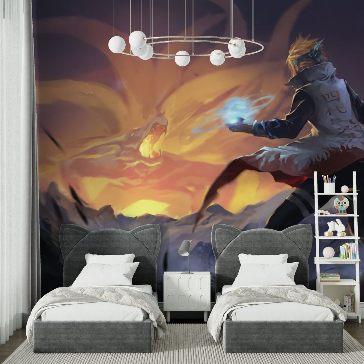Anime battle scene wallpaper bringing epic energy to a modern gaming room with orange sunset glow
