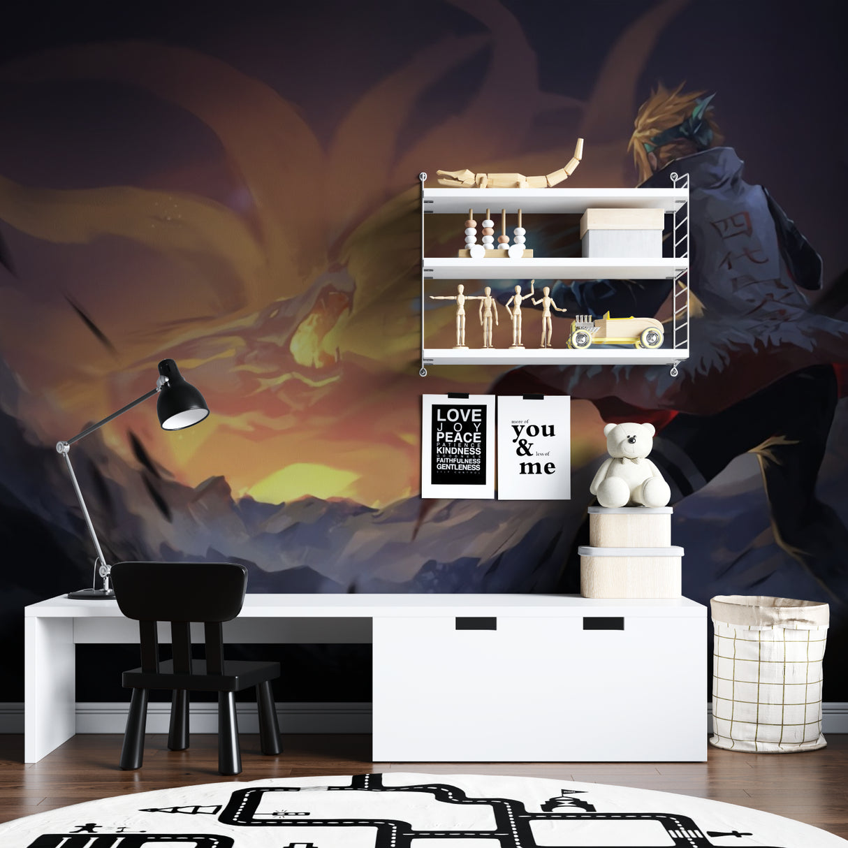 Manga style battle mural creating atmosphere in a teen bedroom with dramatic lighting