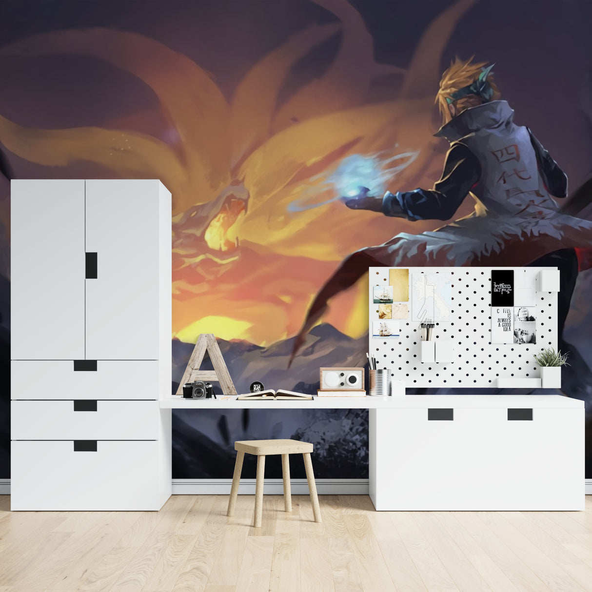 Japanese anime wallpaper transforming a study space with dynamic battle scene