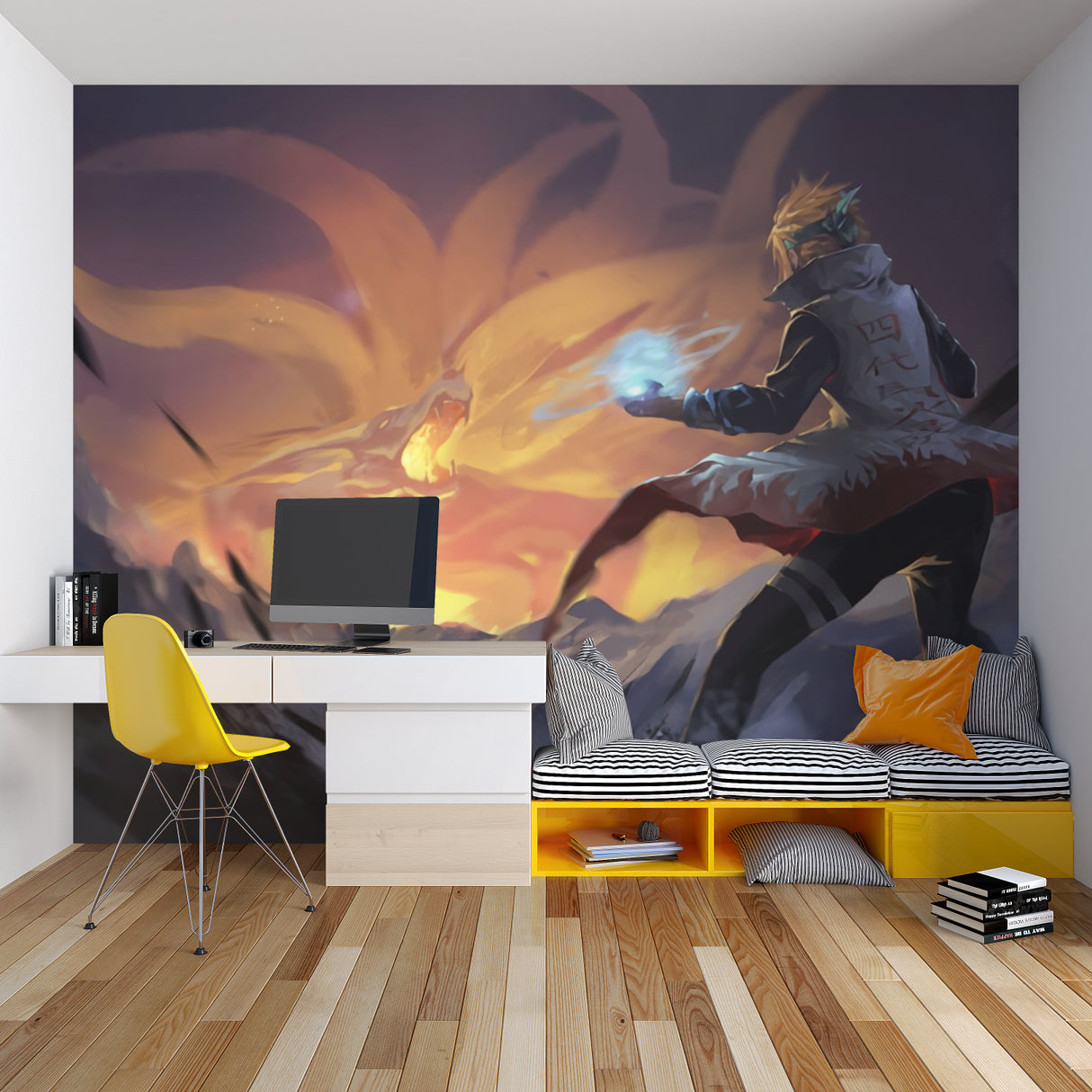 Epic anime battle mural adding character to a media room with sunset colors