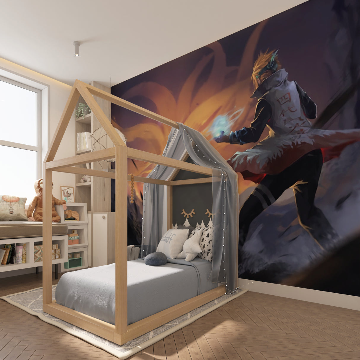 Anime warrior wallpaper making a statement in a collector's room