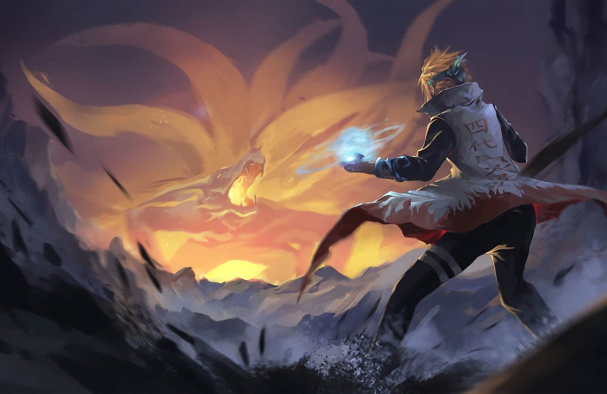 Design file showing detailed anime battle scene with orange sunset background