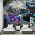 Anime battle scene mural wallpaper bringing cosmic energy to a modern gaming room setup