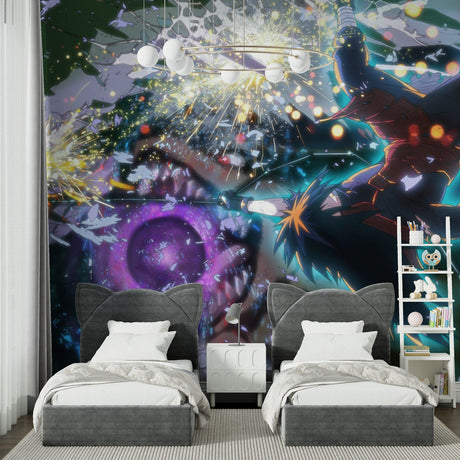 Anime battle scene mural wallpaper bringing cosmic energy to a modern gaming room setup