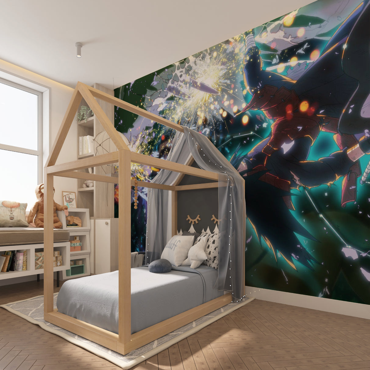 Epic anime battle wallpaper creating adventure vibes in a teen bedroom