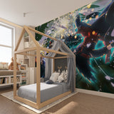 Epic anime battle wallpaper creating adventure vibes in a teen bedroom