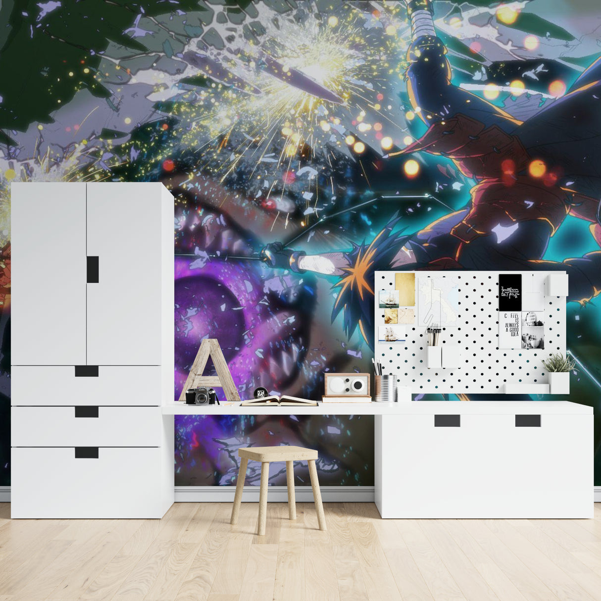 Dynamic anime mural with cosmic effects transforming a home theater space