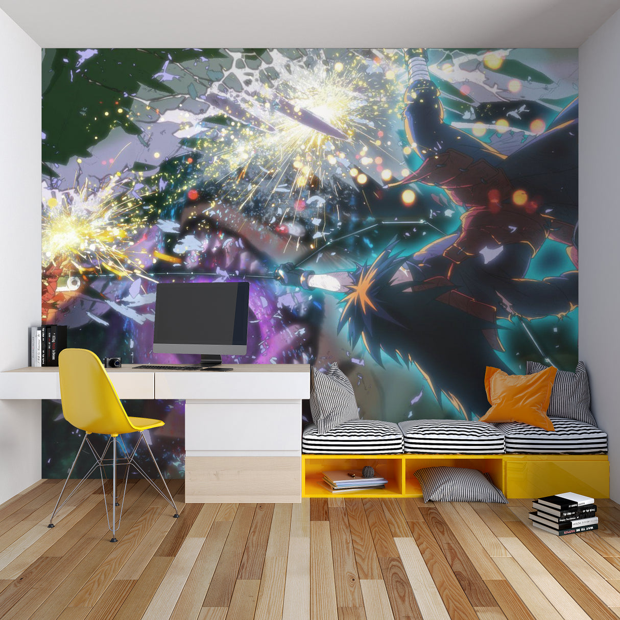 Anime battle scene wallpaper adding energy to a study room