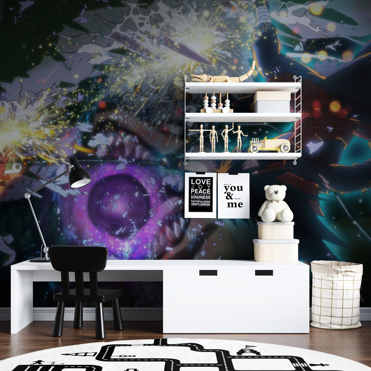 Cosmic anime wallpaper making a statement in a modern living room