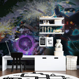 Cosmic anime wallpaper making a statement in a modern living room
