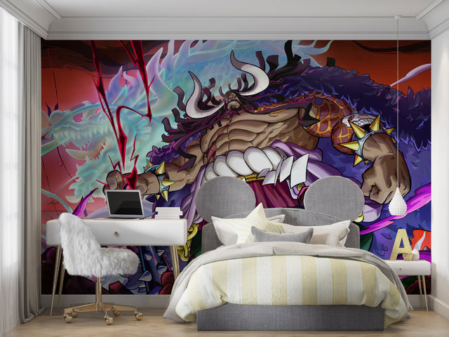 Anime battle scene wallpaper bringing epic dragon action to a modern gaming room setup
