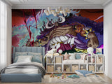Dragon battle scene mural adding energy to a fan collection room