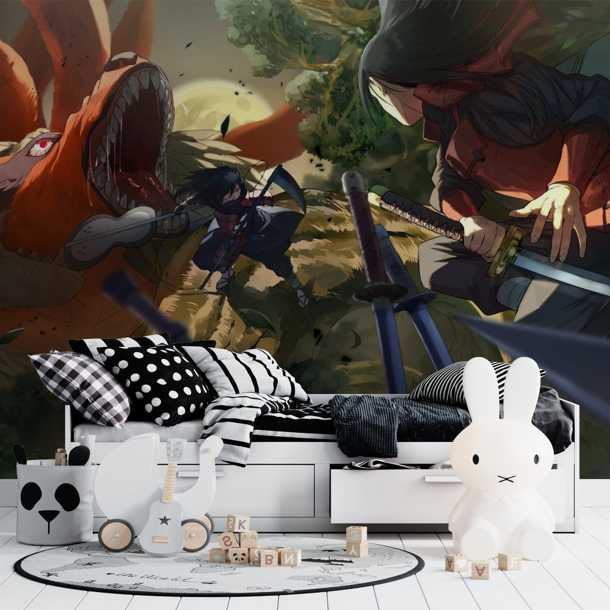 Anime battle scene wallpaper bringing energy to a modern gaming room setup with LED lighting